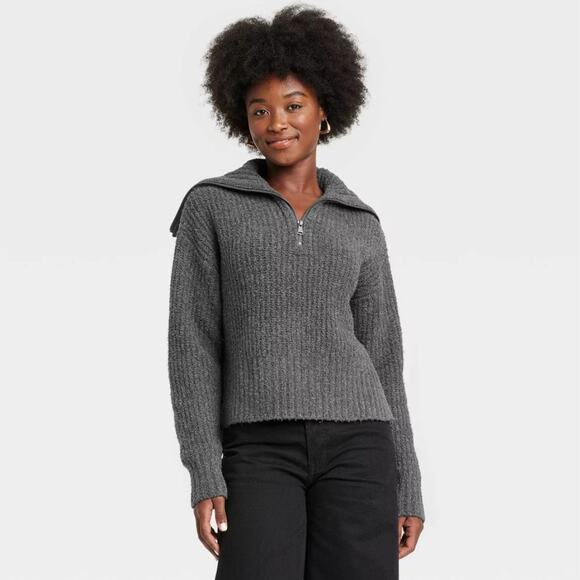 Universal Thread Gray Half Zip Ribbed Knit Collar Long Sleeves Sweater Size M - Picture 1 of 6